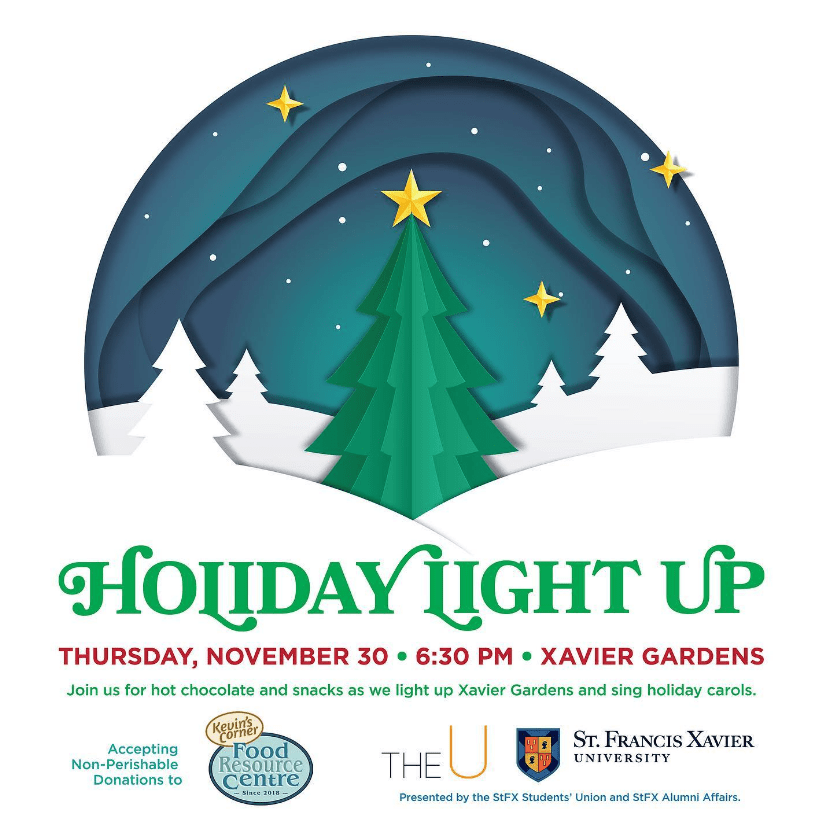 Promotional graphic for StFX Holiday Light Up 2023