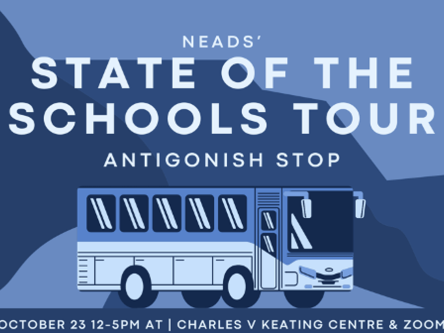 The words State of the Schools Tour above a bus all in blue